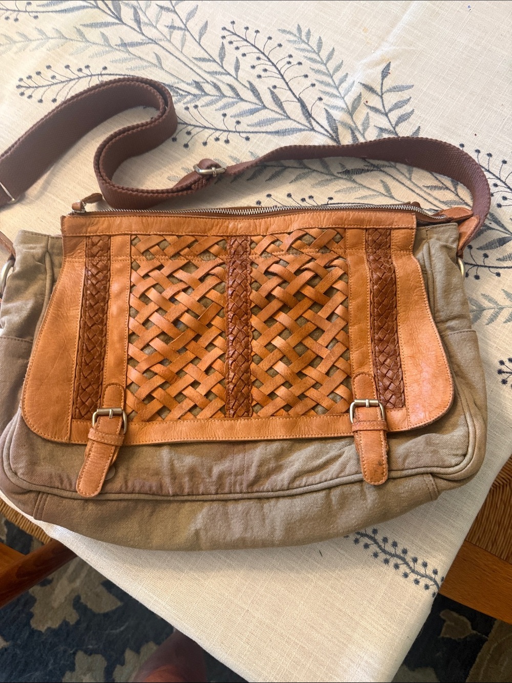 Tan Woven Leather Flap Satchel - Women's Crossbody